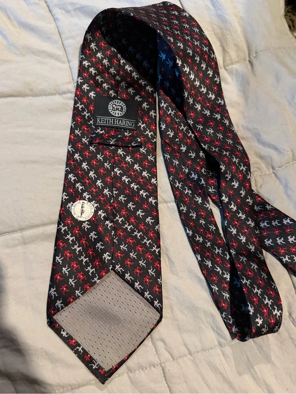 Black Silk Tie with Red and White Geometric Motif
